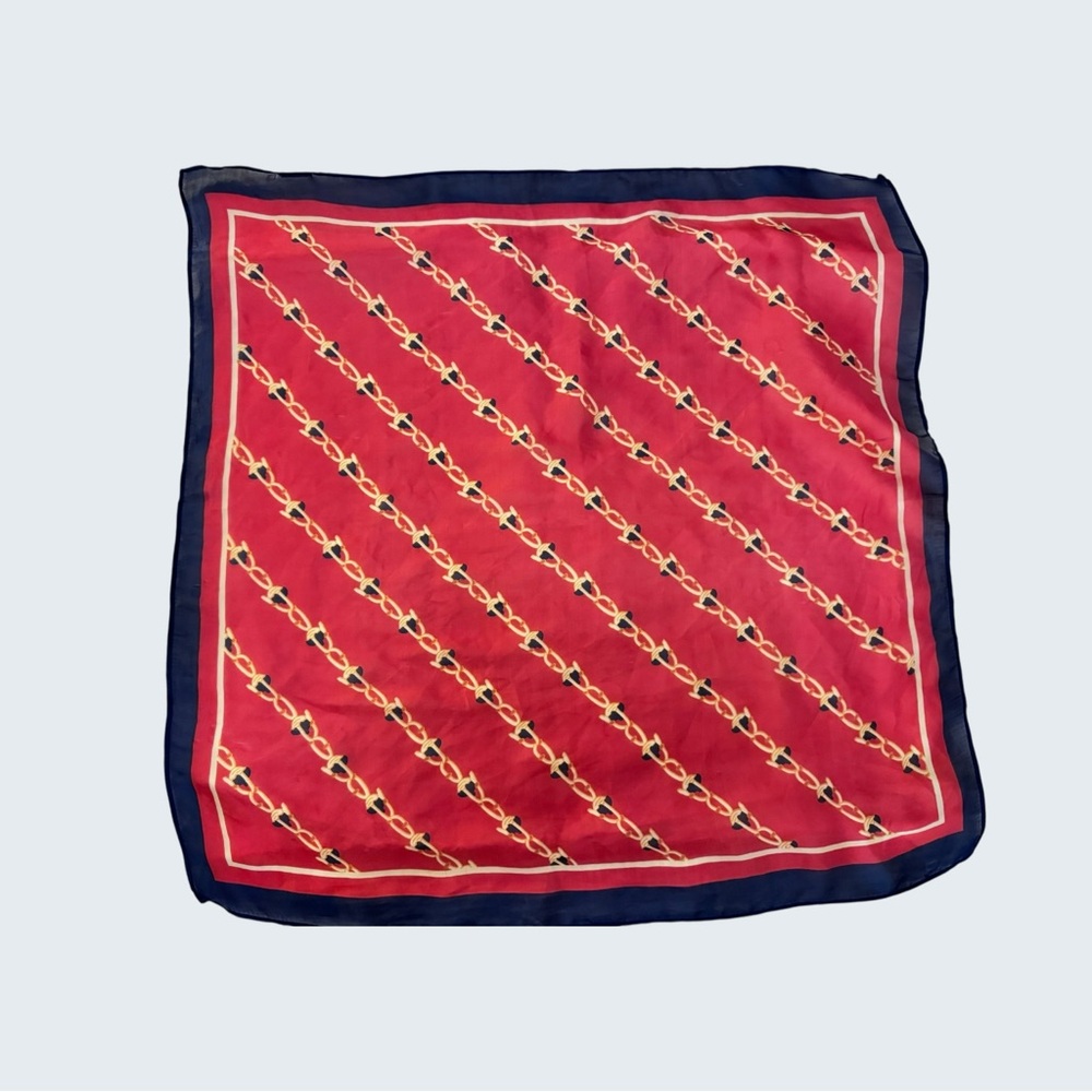 Vintage 80s Equestrian Chain Print Scarf Red Navy 23” Square Satin